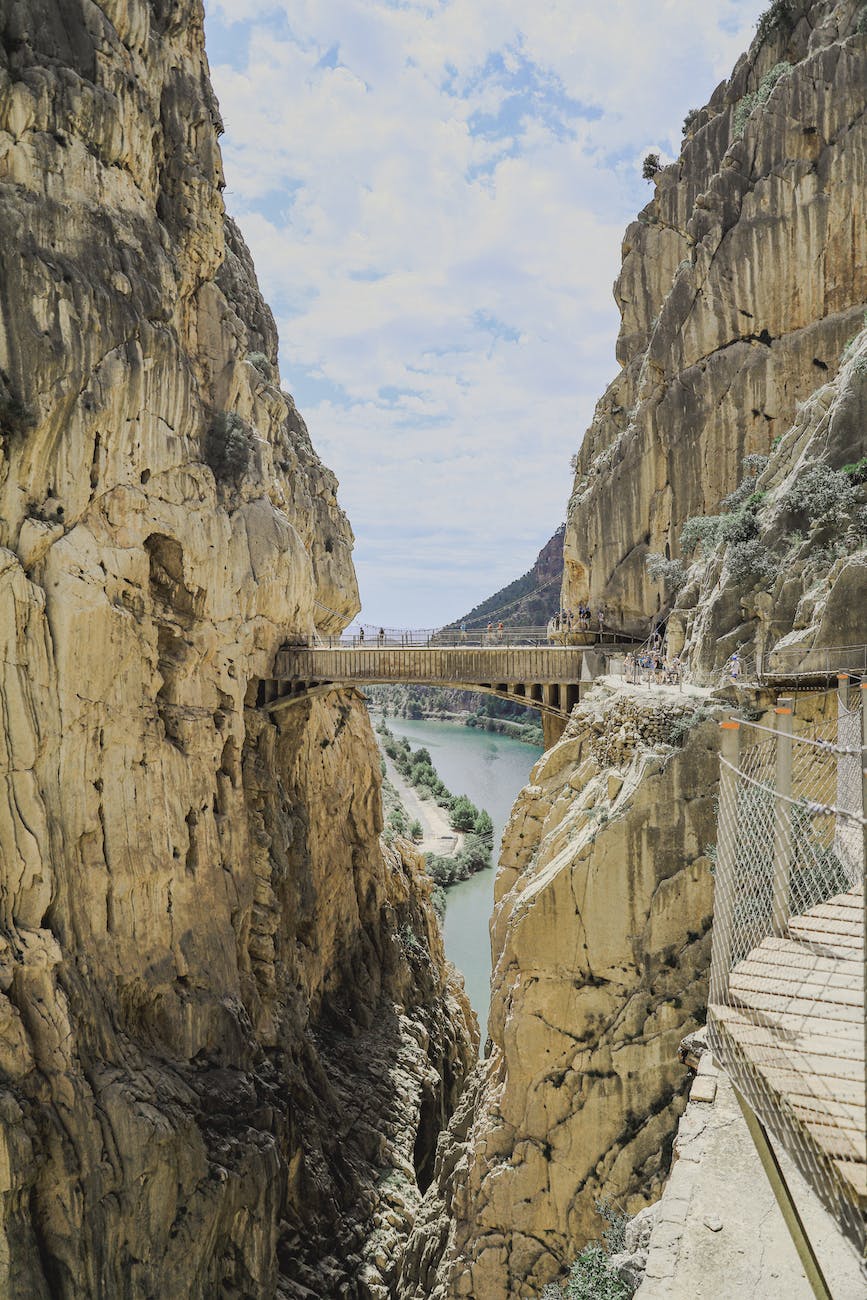 a bridge over a canyon with a view of the mountains