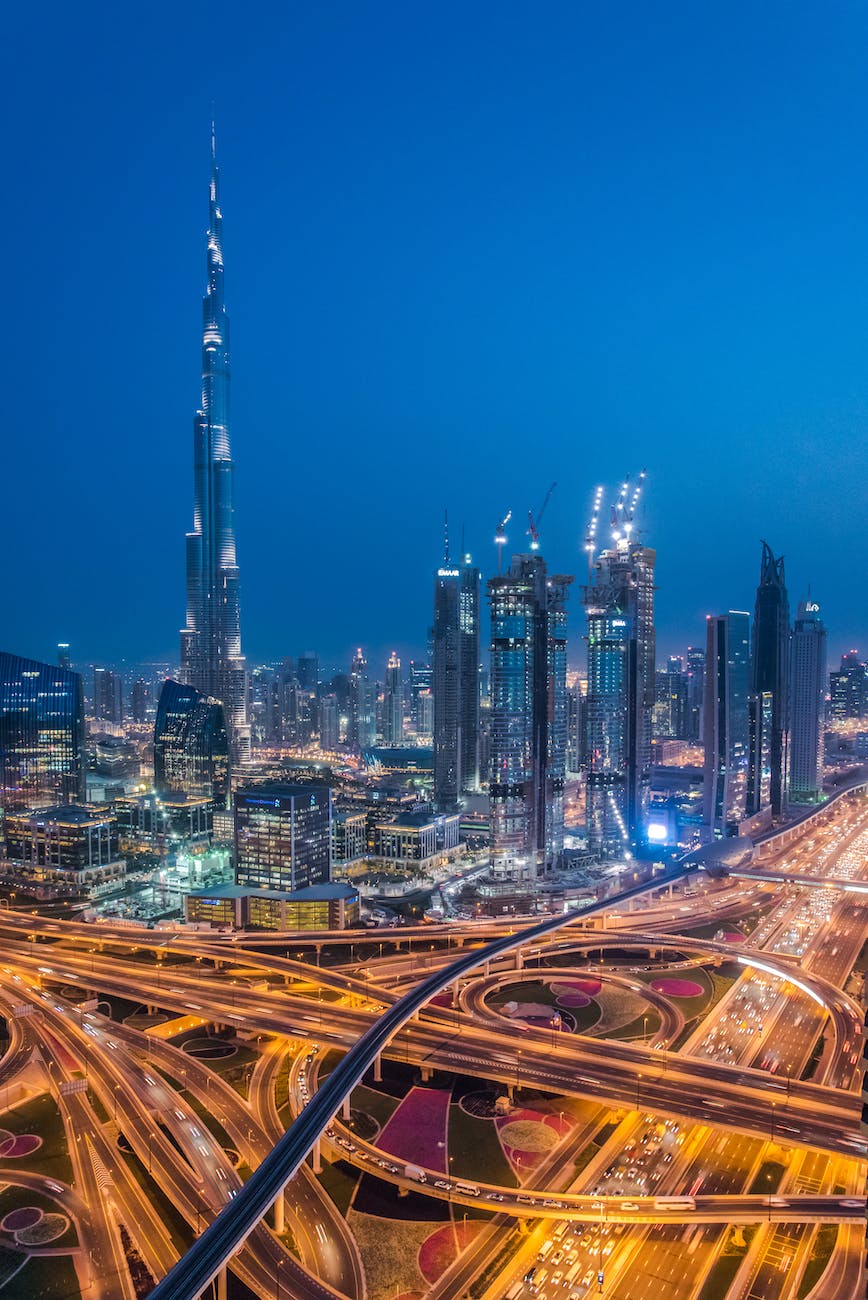 city skyline during night time