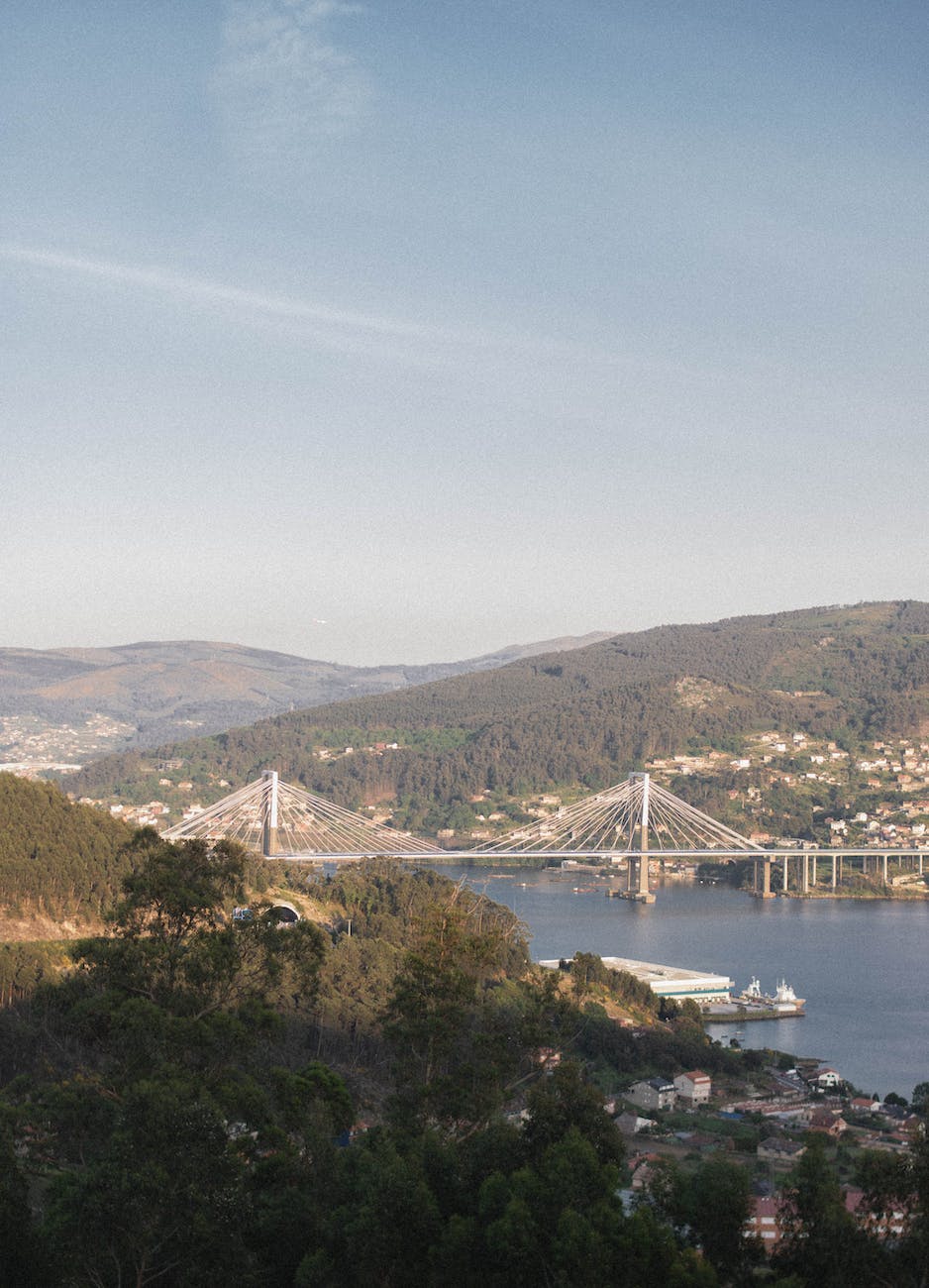 white cable stayed bridge over the river